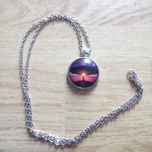 Tree reflections at sunset 1 inch cabochon necklace pendant on 24 inch chain new